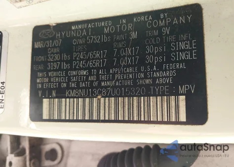 2007 Hyundai Veracruz Gls/Limited/Se z USA, uszkodzony, nr VIN KM8NU13C87U015320